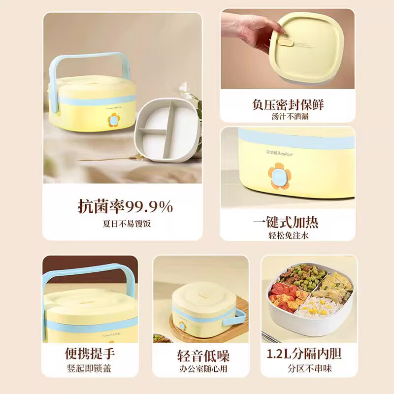 荣事达Royalstar加热饭盒1.2L免注水便携式低音恒温不沾内胆三格分区饭盒 RFH208Y高清大图