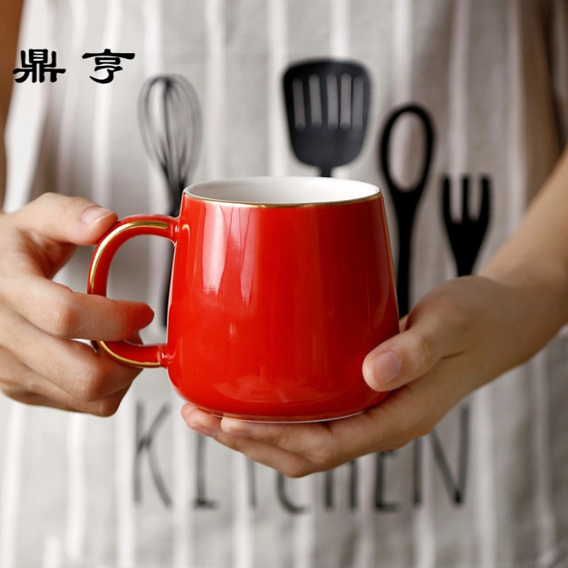 鼎亨欧美红色出口欧式陶瓷杯茶杯黑色描金边水杯马克杯咖啡杯下午