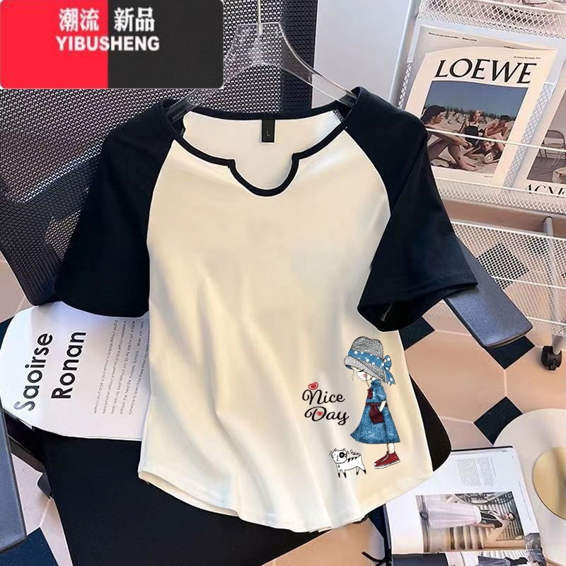 YIBUSHENG大码不规则美式复古短袖t恤打底女装胖mm显瘦遮肚百搭上衣 黑色-GG女孩 3XL