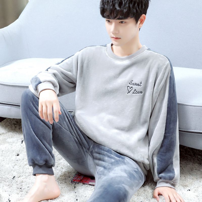 睡衣男冬季法兰绒加绒加厚高级双面绒冬款青少年男款家居服套装高清大图