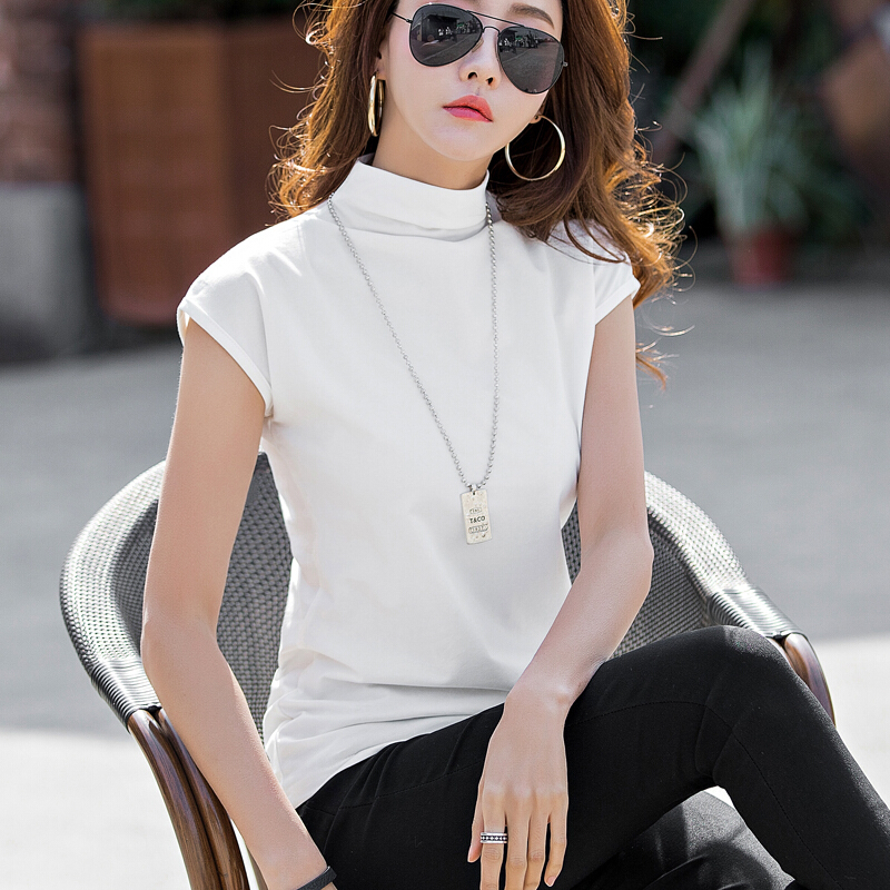 半高领短袖t恤女2018新款韩版宽松大码纯色棉上衣百搭显瘦打底衫视频