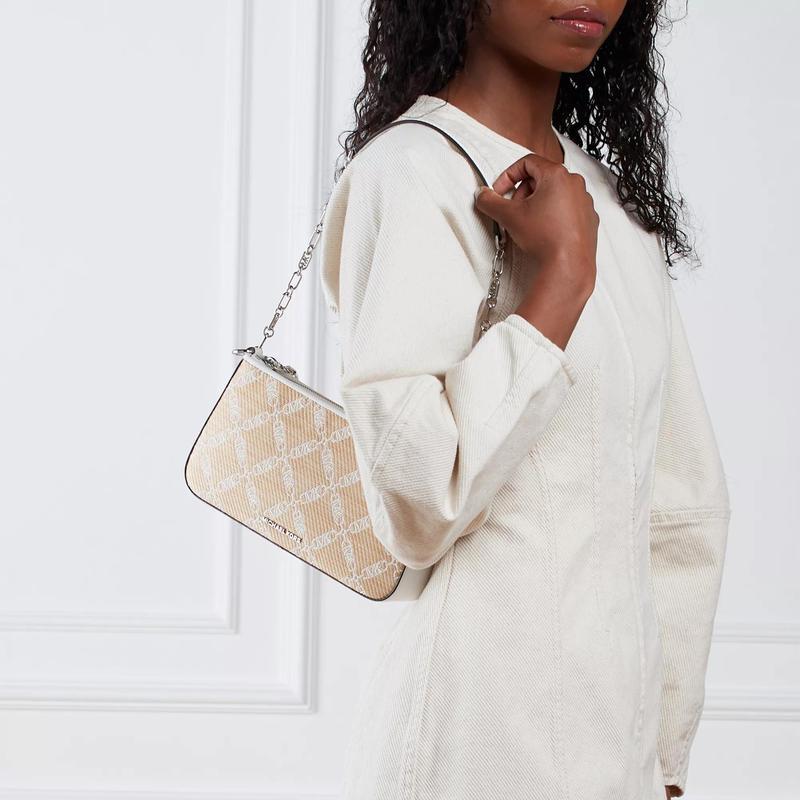 迈克·科尔斯(MICHAEL KORS)女士单肩包自然米白麻料链条斜挎包实