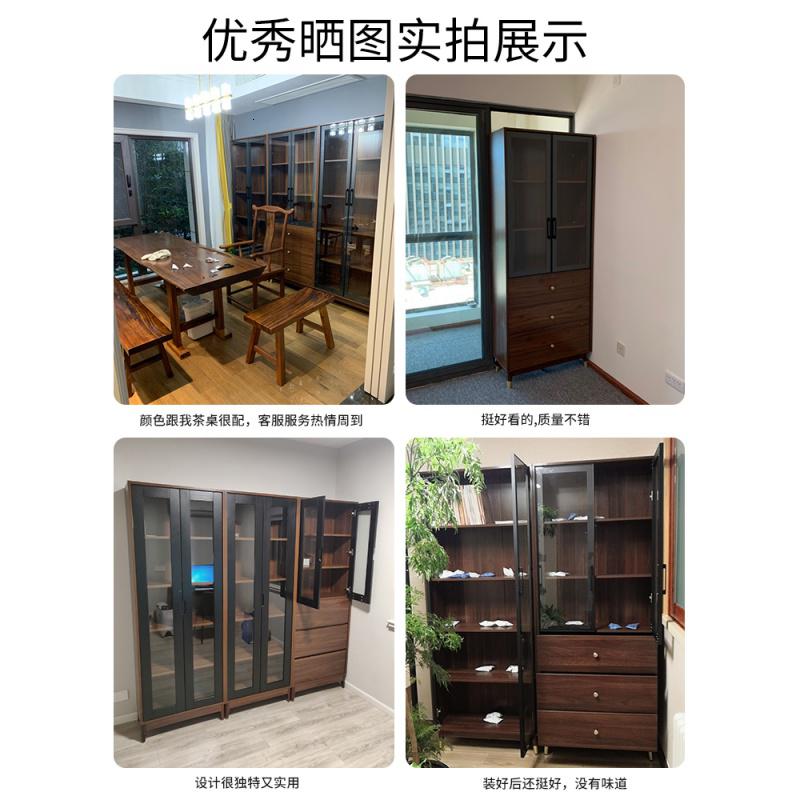 北欧简约整墙落地玻璃书柜书架 现代轻奢带格子储物柜大书橱高清大图