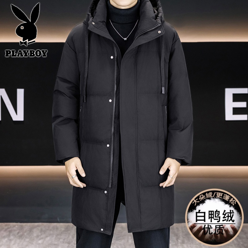 花花公子新款高品质冬季新款户外防寒服三防连帽中长款羽绒服男装夹克外套 黑色 3XL