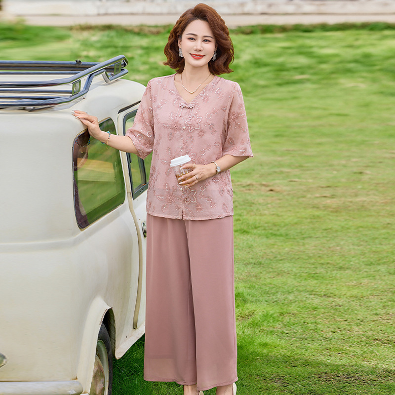 纤孜雅 妈妈装夏装套装新款中老年女装夏季新中式短袖雪纺小衫两件套高清大图