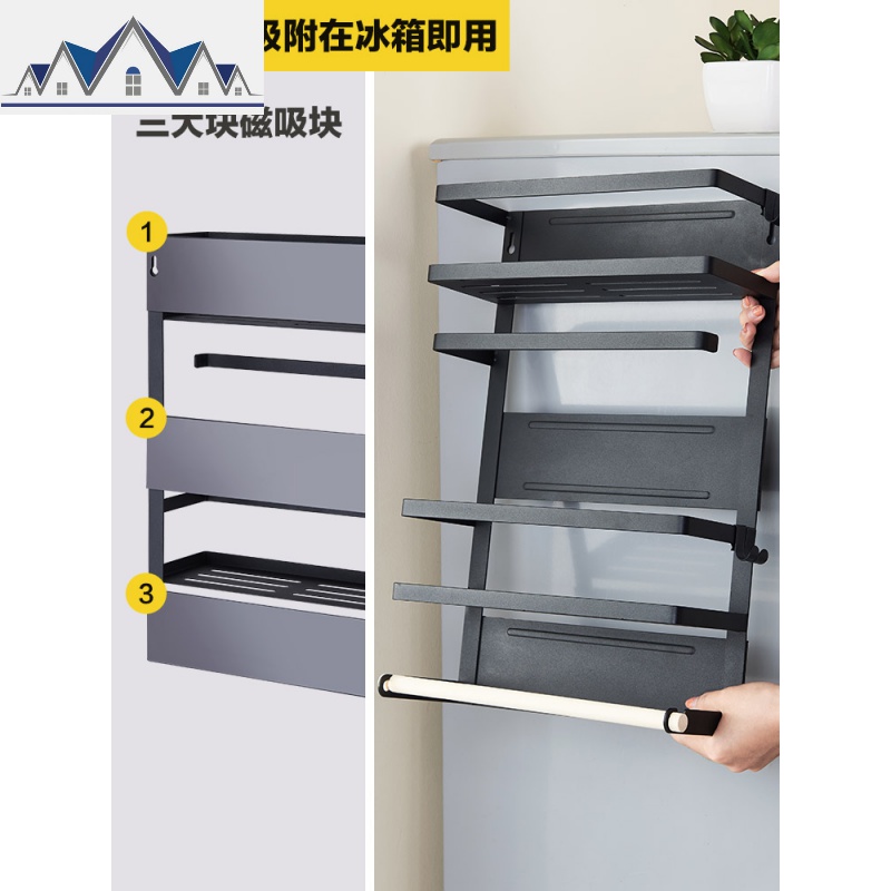 日式冰箱置物架简约铁艺磁吸侧挂架调味料保鲜膜纸巾架厨房收纳架 三维工匠高清大图