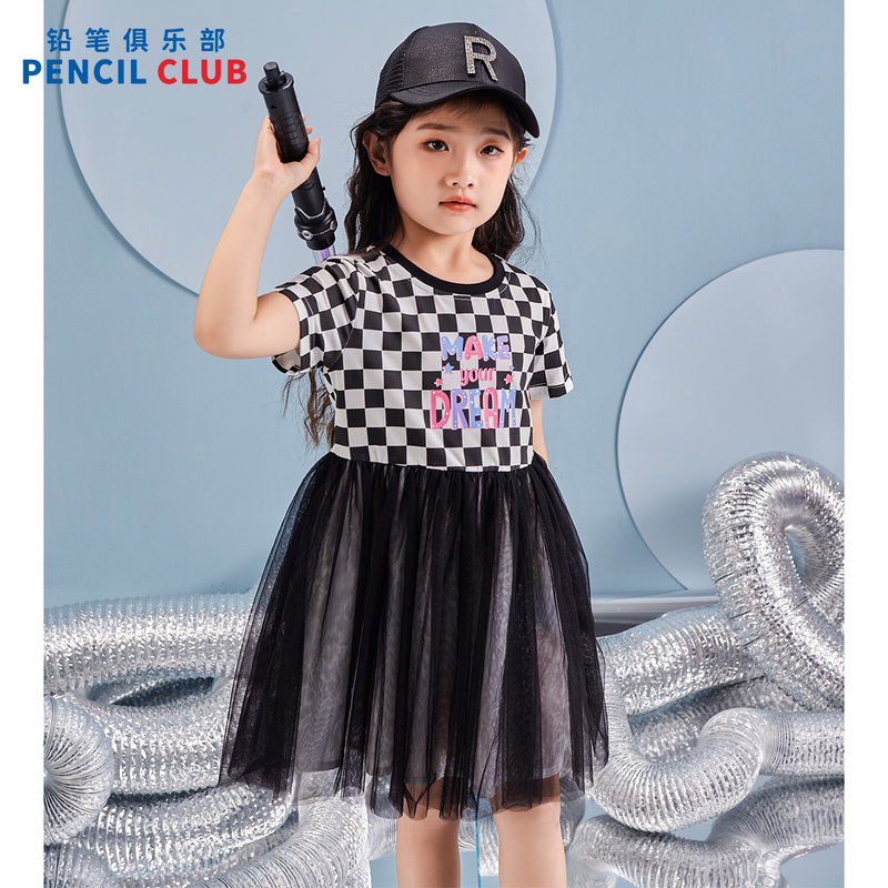 [直降价:39元]铅笔俱乐部2025夏装新款女小童连衣裙儿童格子拼接网纱裙宝宝裙子