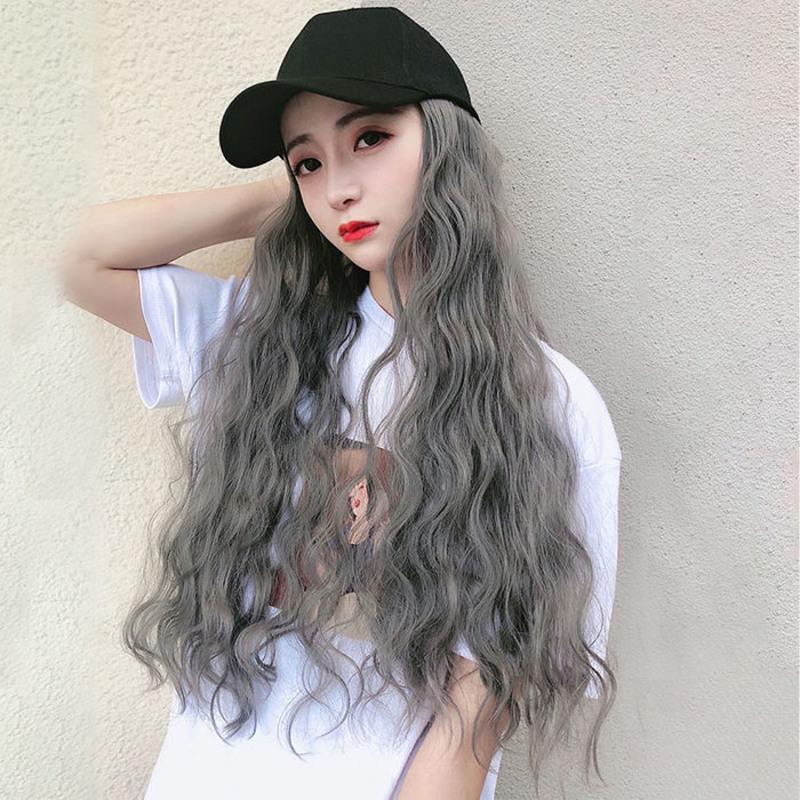 网红直播帽子假发女长卷发可爱玉米烫羊毛水波纹泡面蛋卷全头套式 薄藤色假发[黑色鸭舌帽]送发网 无