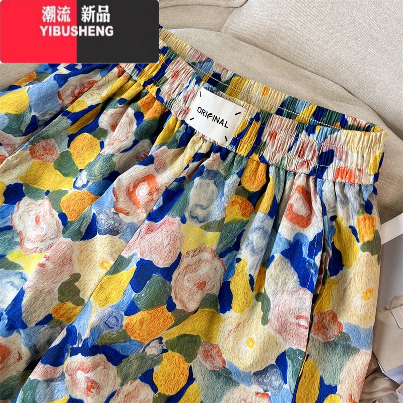 YIBUSHENG油画碎花阔腿裤女季松紧腰宽松a字短裤小个子显瘦休闲热裤薄薄高清大图
