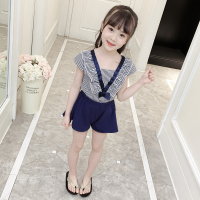 2019新款童装女童夏装套装中大童女孩夏季洋气时髦条纹短袖两件套 110cm 藏青色