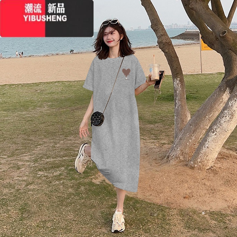 YIBUSHENG大码女装短袖t恤裙子季长款过膝连衣裙小个子胖mm显瘦长裙