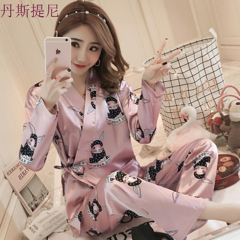 春秋季和服睡衣女夏长袖冰丝薄款家居服女韩版甜美可爱可外穿套装