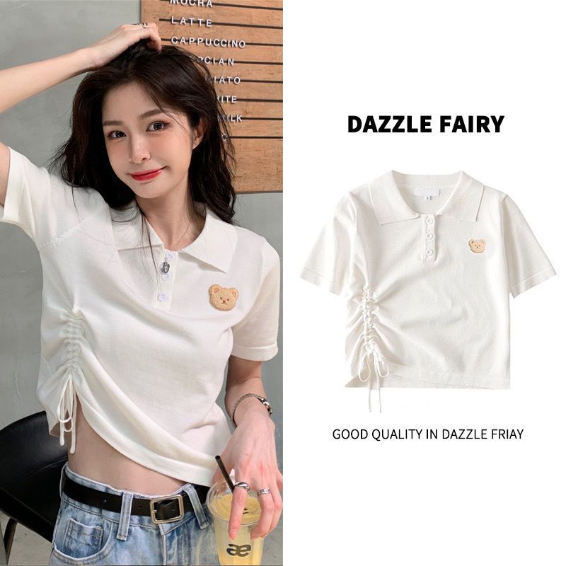 白色小熊短袖t恤女ins潮2021新款夏季设计感短款抽绳polo领上衣服