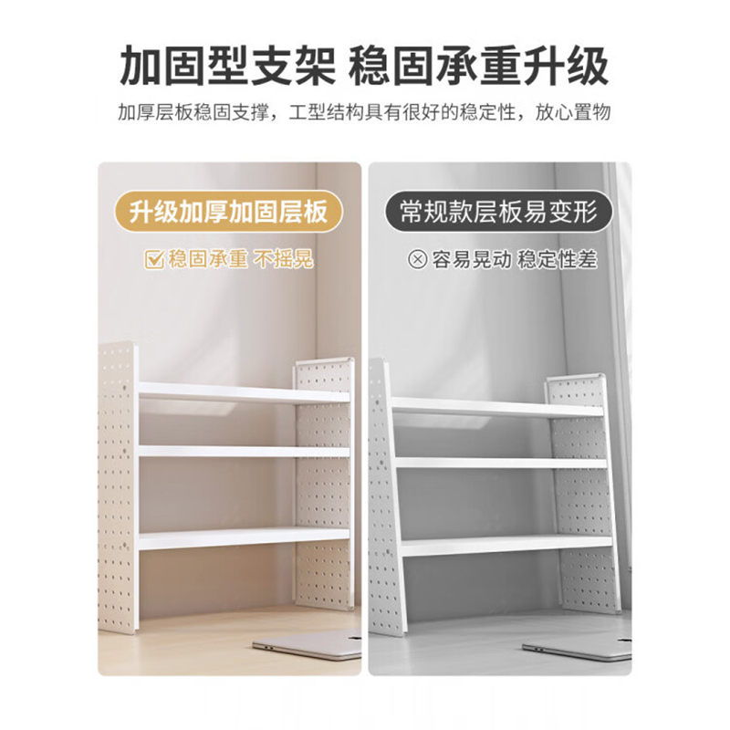 桌面置物架桌上书架洞洞板家用学生学习书桌多层收纳架子展示架-基础款/三层/白架+原木板/长60*高60*深20高清大图