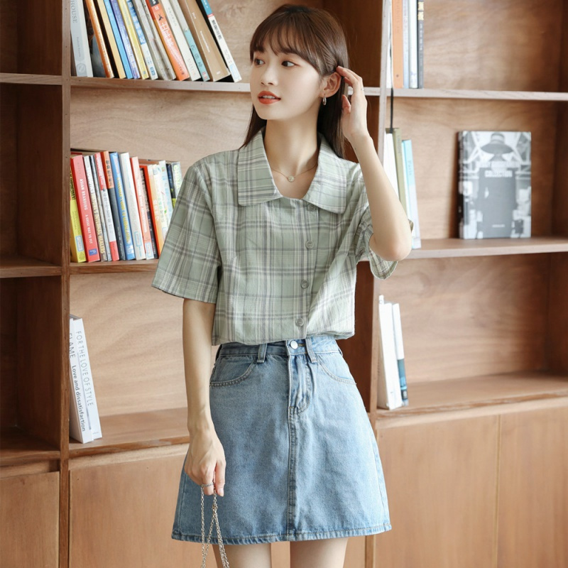 格子衬衫女设计感小众短袖衬衣斜襟上衣夏
