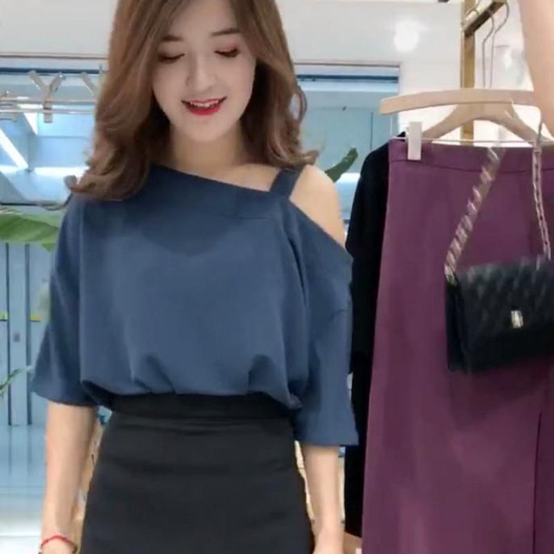 棉一字领短袖T恤女2020夏季新款韩版小众设计感露肩宽松上衣ins潮 蓝色上衣 S 80斤