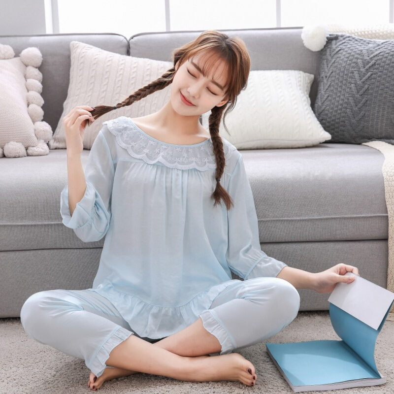 波迷娜(BOMINA)女式睡衣套装春夏款20212018春冬季新款睡衣儿童舒适蕾丝服袖长裤女式套装 白色>青少年
