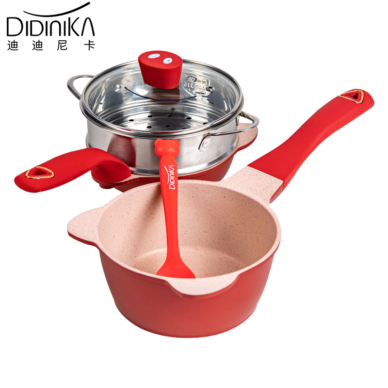 迪迪尼卡(Didinika)猪猪侠宝宝辅食锅蒸锅奶锅煎煮多功能一体锅麦饭石不粘锅婴儿煮粥奶锅套锅