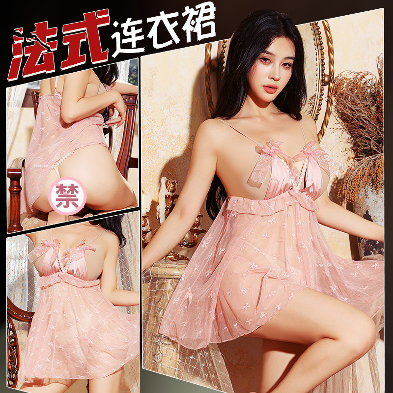 九里晴川情趣内衣性感珍珠蝴蝶结吊带裙开档透视诱惑内衣战袍睡裙高清大图