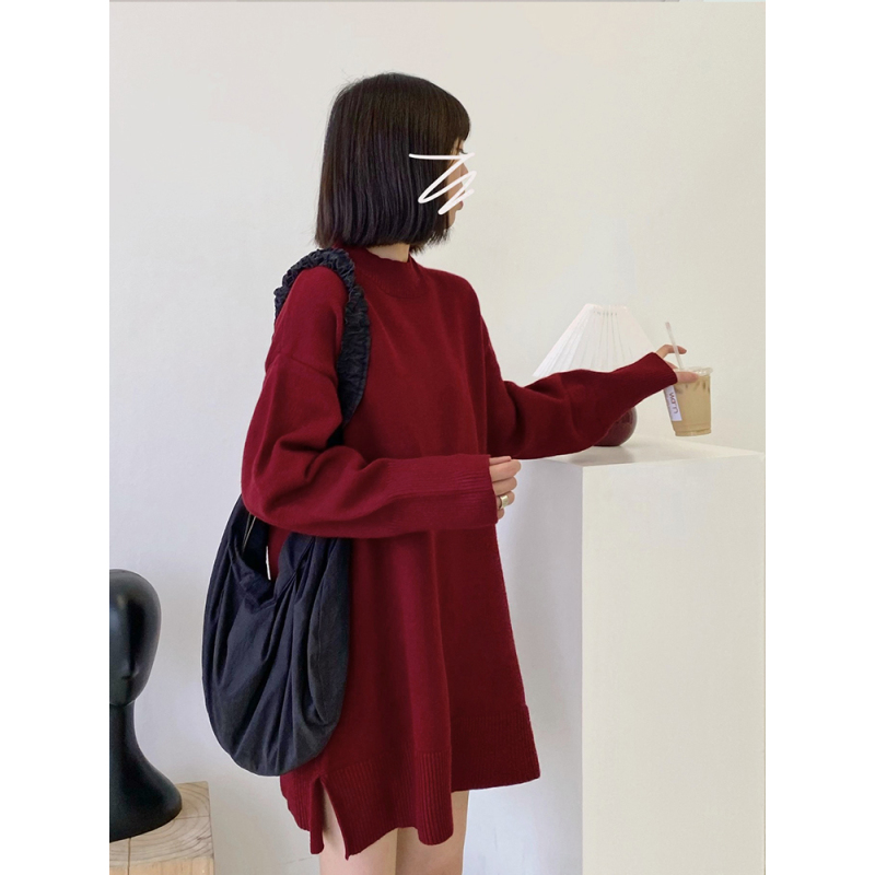 suntek车厘子红色中长款毛衣女春季新款宽松外穿慵懒风配长靴短款