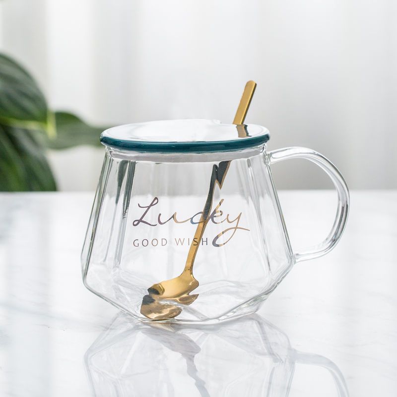 恒温玻璃杯子透明带把咖啡杯情侣水杯女家用茶杯伴手礼马克杯带盖 绿玻璃平盖+杯+勺