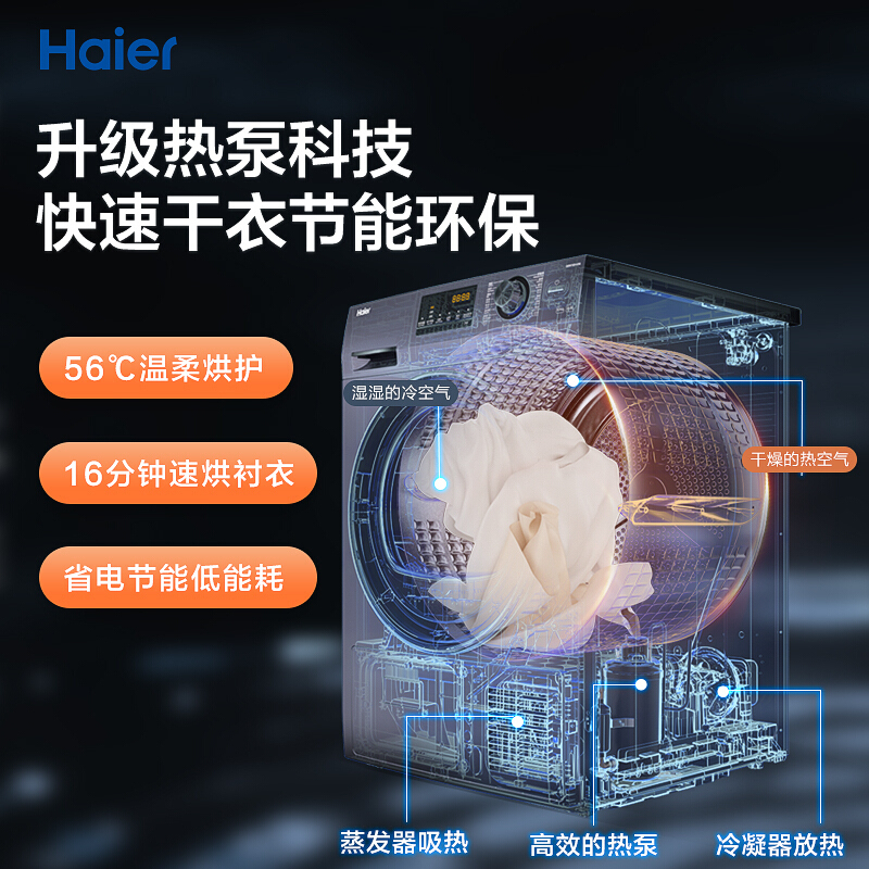 海尔(Haier)烘干机全自动家用滚筒式干衣机 衣干即停节能免熨烫10公斤大容量烘衣机[热泵烘干机GBN100-636高清大图