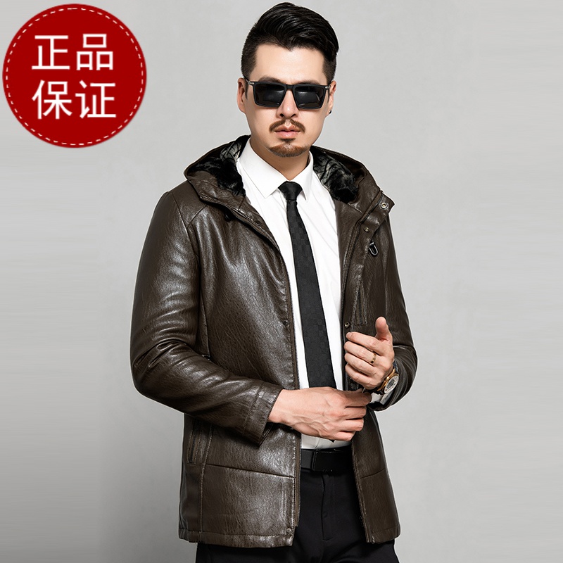 免费试穿 海宁真皮男皮毛一体男外套青中年连帽真皮真毛冬季加厚皮衣皮夹克海宁真皮绵羊皮高清大图