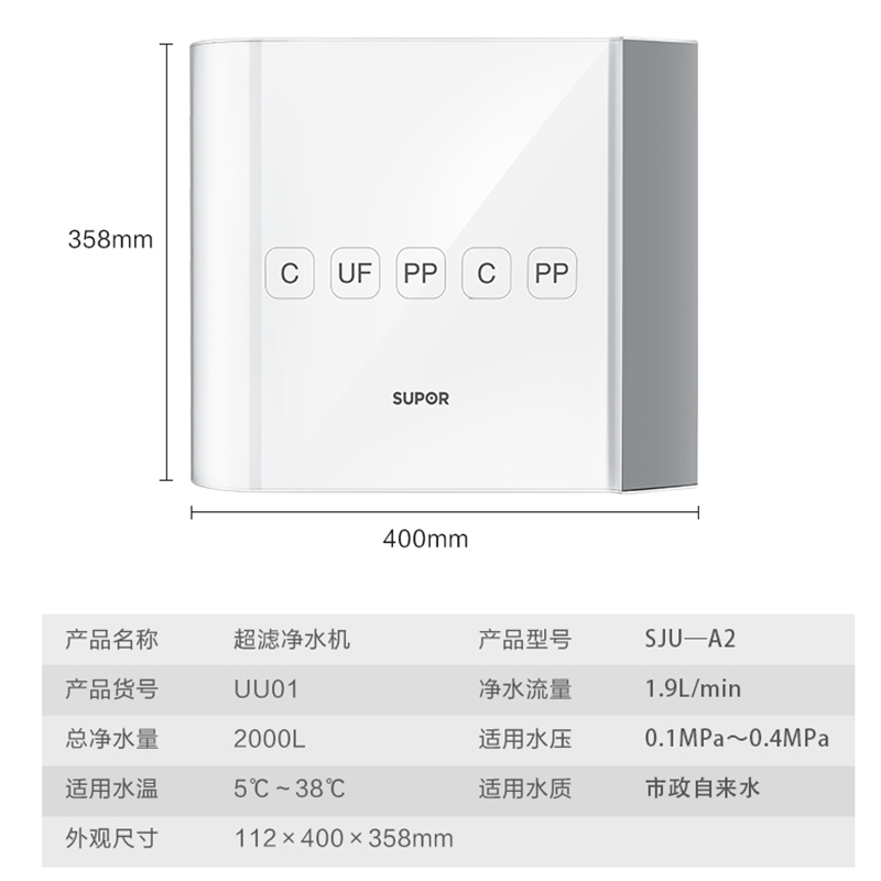 苏泊尔UU01净水器家用直饮自来水龙头前置过滤器厨房超滤净水机五级过滤无桶设计高清大图