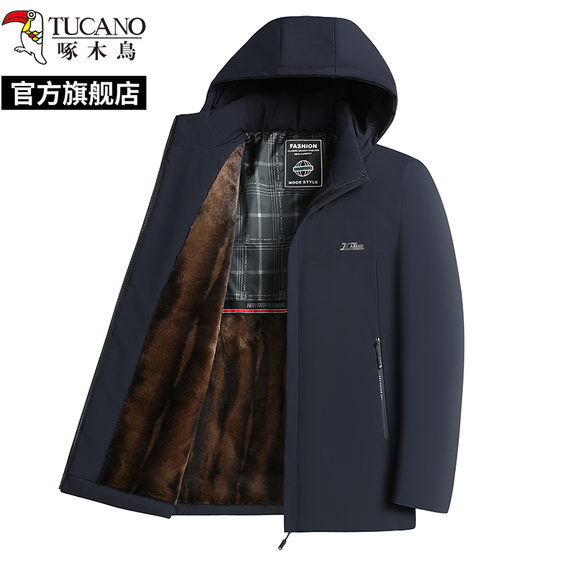 啄木鸟棉衣外套男2024新款冬季加绒加厚派克服中老年爸爸连帽棉服高清大图