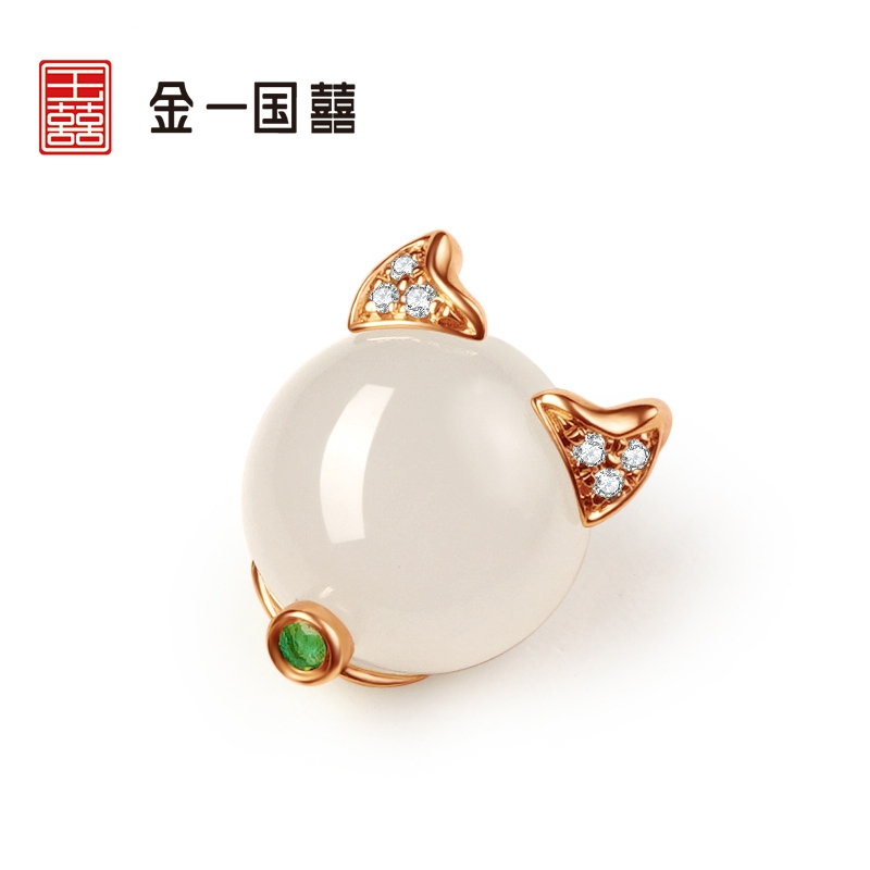 金一国囍18K金动物-机灵猫女士款和田玉吊坠赠银链(定价) KJDZ146