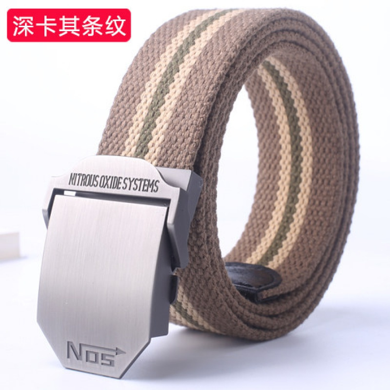 家柏饰(CORATED)帆布腰带男士平滑自动扣皮带学生大码裤带加长军训青年休闲布带潮 NO5深卡其条纹125cm
