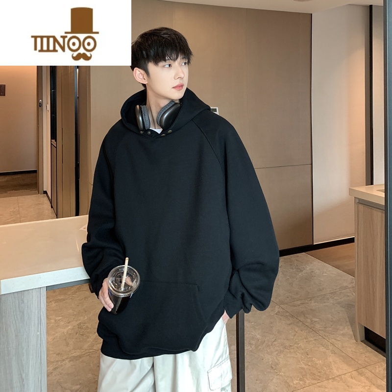 YANXU美式连帽卫衣男新款高克纯色套头上衣青少年情侣宽松款套高清大图