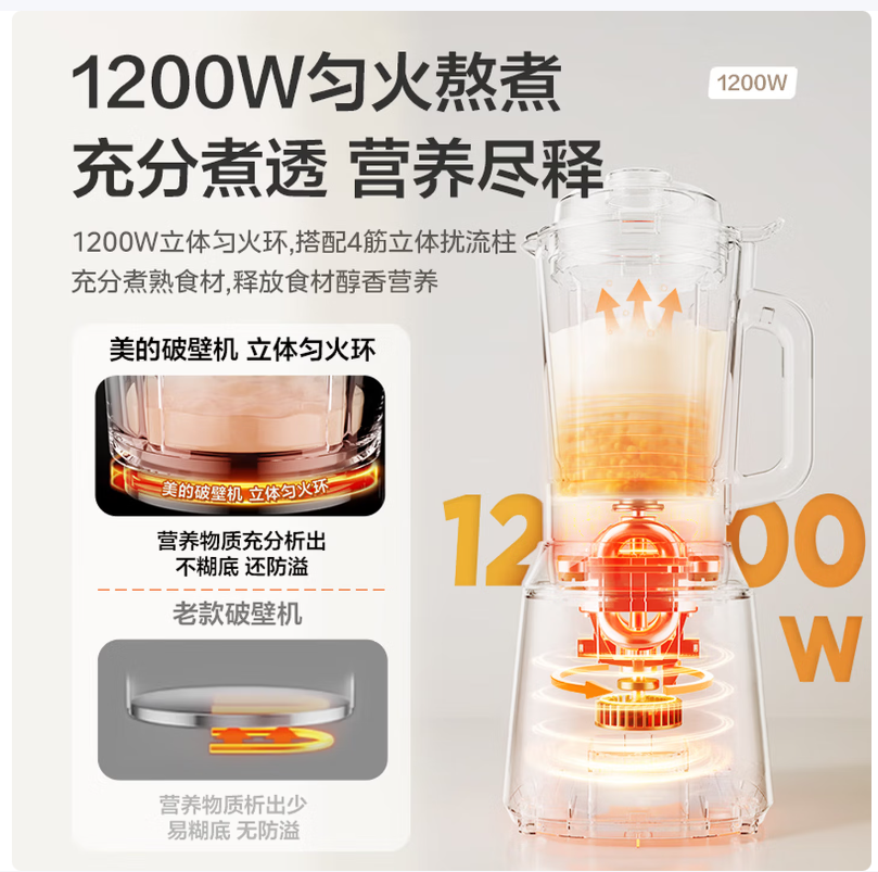 美的多功能破壁榨汁机破壁研磨细腻营养锁鲜便携设计家用健康神器高清大图