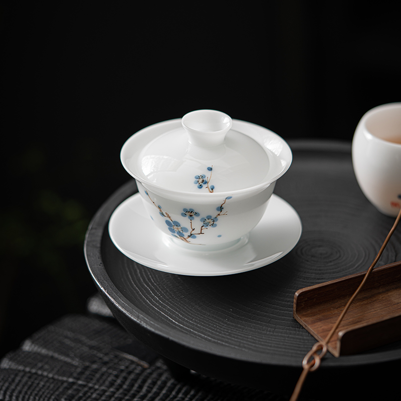 MULTIPOTENT功夫茶具三才盖碗手绘羊脂玉白瓷梅花薄胎瓷泡茶碗精美伴手礼盒