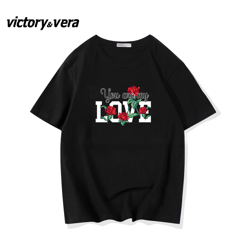 Victory&vera个性小个子纯棉印花圆领上衣女2022夏季正肩宽松体恤