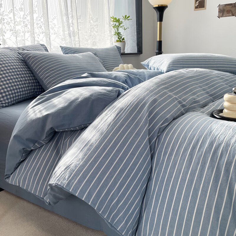 雅鹿 无印水洗全棉四件套 YLT2401 被套200*230cm 床单 240*245cm 枕套 48*74cm高清大图