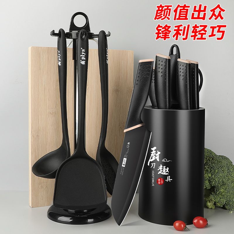 全套厨房刀具菜板二合一锋利家用菜刀砍骨刀硅胶厨具露营X8169高清大图