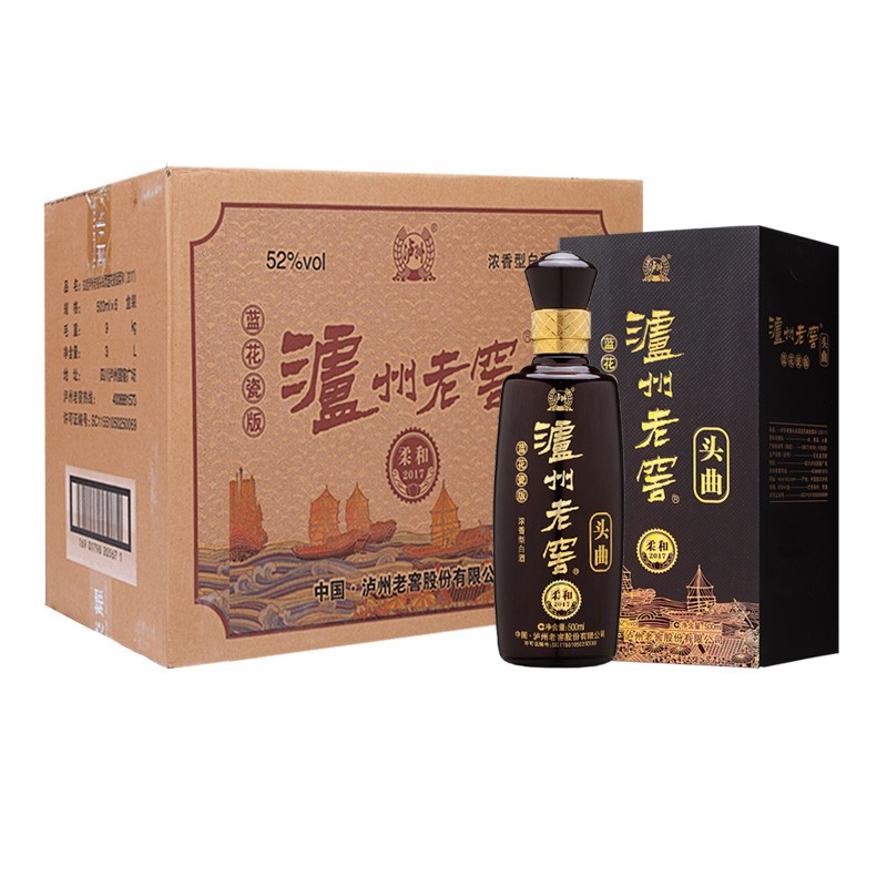 泸州老窖 蓝花瓷头曲柔和版 52度浓香型白酒 500ml*6瓶 整箱装高清大图