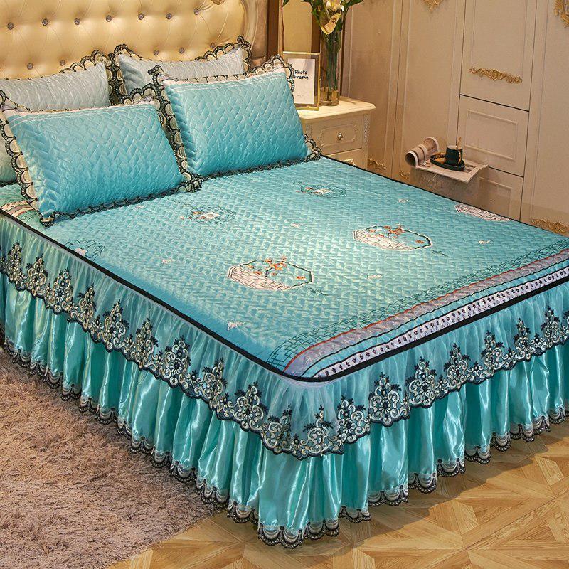 美帮汇床裙款冰丝凉席三件套夏季1.8m可水洗机洗折叠空调席1.5米2软席子 绿蔓-MY 1.8m（6英尺）床