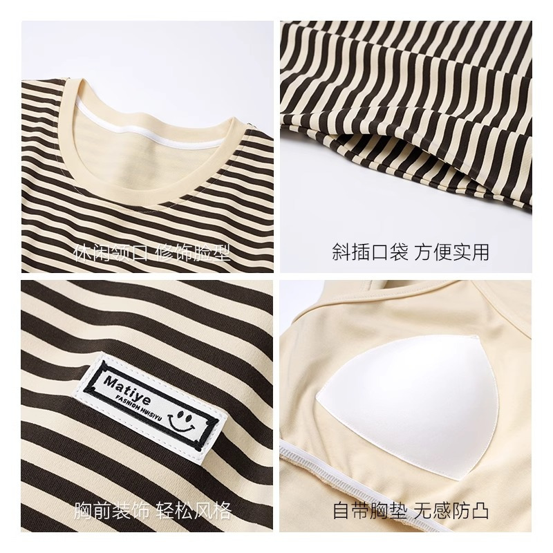 猫人夏季可调节高度带胸垫睡裙女纯棉薄款免穿文胸家居服睡衣