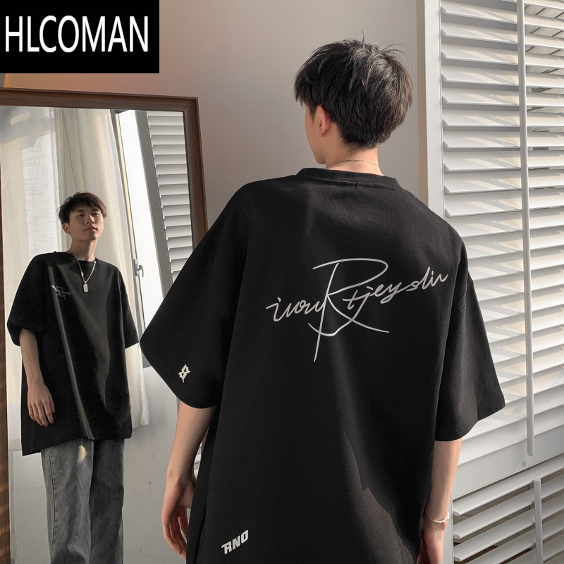 hlcomanoversize酒红色短袖t恤男夏季薄款潮牌简约设计感百搭宽松