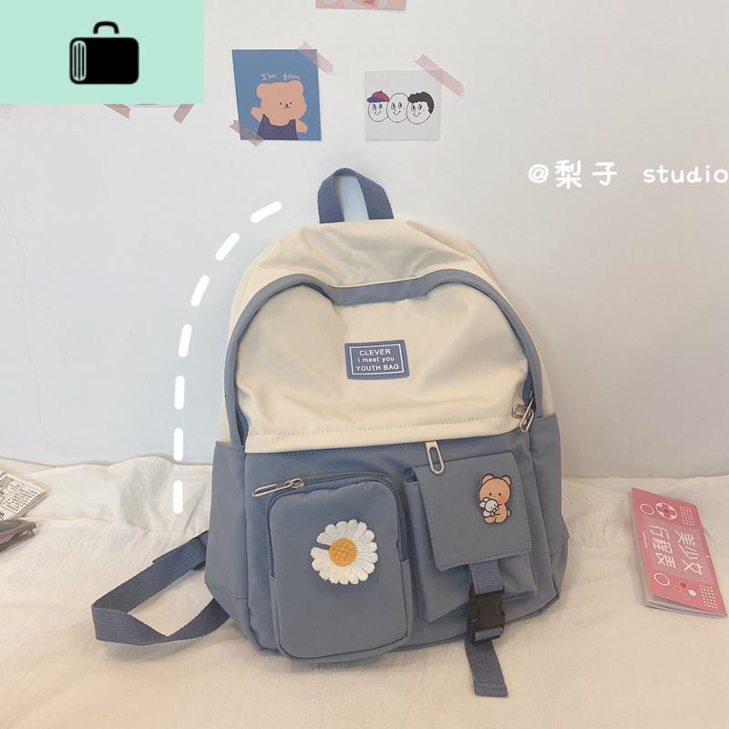 ins书包女韩版高中原宿ulzzang初中生中学生森系小清新花朵双肩包NEW LAKE 霾蓝色【针织雏菊+小熊徽章】