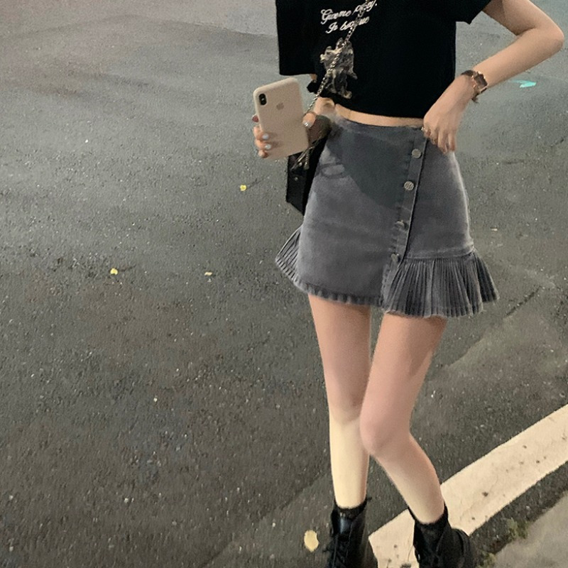 婕秘fruity甜欲穿搭早春高腰显腿牛仔短裙女防走光内衬百褶a字半身裙