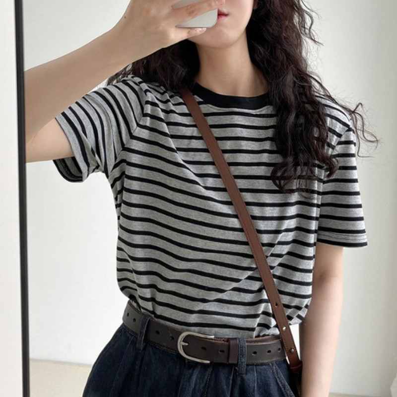 棉质条纹打底衫女2022显瘦宽松上衣东大夏季新女士圆领短袖t恤