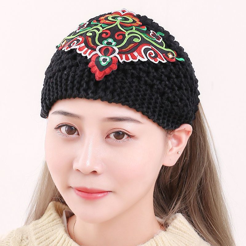 黄粉毛线发带遮白发手工帽子女民族风绣花头套中国风刺绣发饰原创头饰
