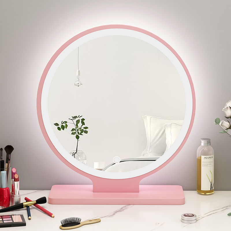 台式化妆镜带灯家用大号梳妆台镜子卧室圆形镜子简易桌面镜子