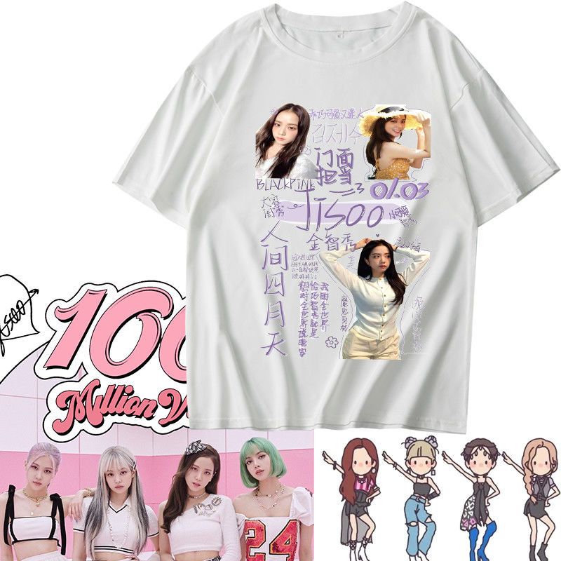 lisa同款blackpink周边衣服短袖t恤粉丝团金智妮应援衫卡通夏装女白色