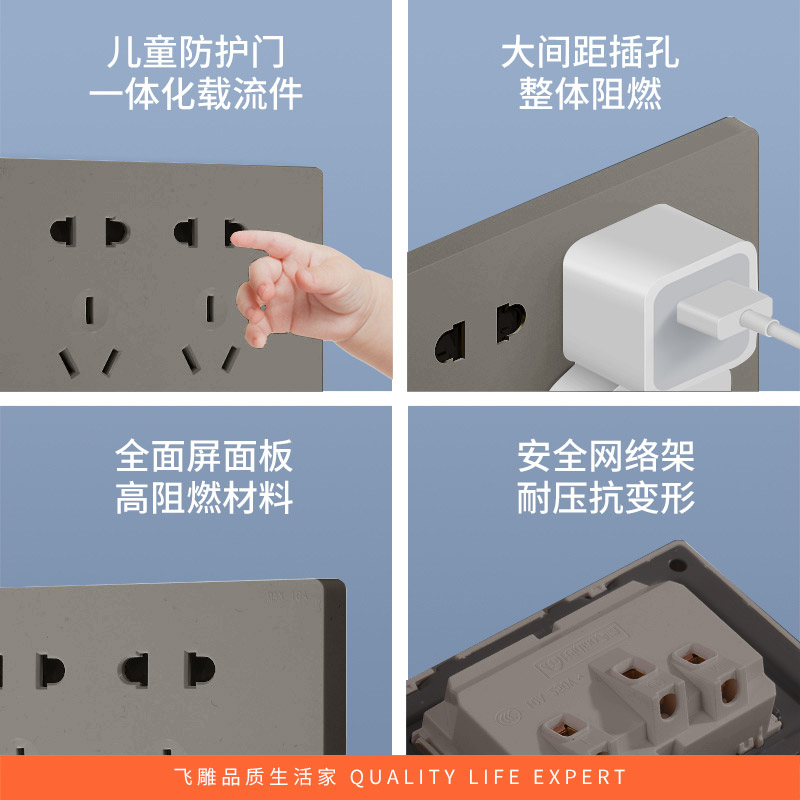 飞雕(FEIDIAO)118型开关插座面板 功能键模块件自由组合搭配 格调118荧光灰三位面板带架高清大图