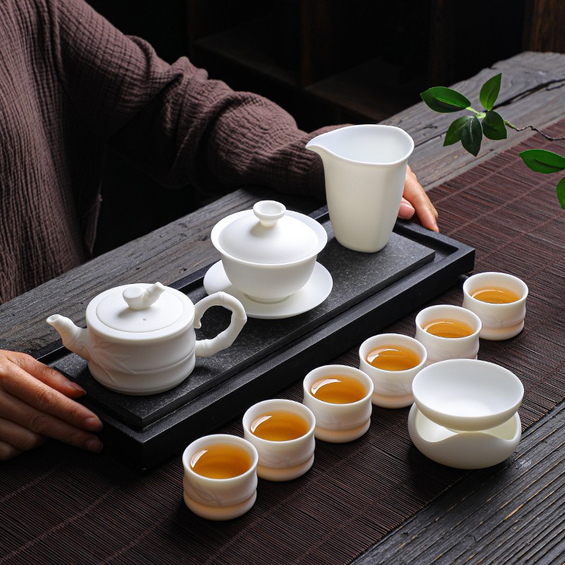 拓牌 茶具套装 11头素烧羊脂玉瓷竹韵壶套装 TP062高清大图