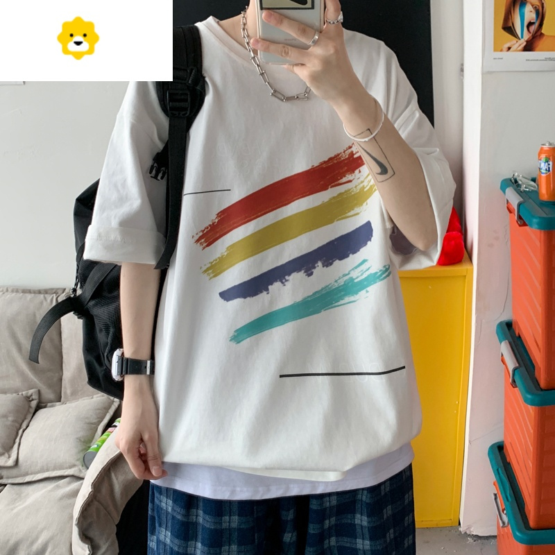 fishbasket原宿风彩虹短袖t恤男夏季潮牌港风宽松大码上衣服潮流情侣